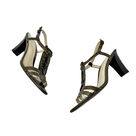 Talbots T-Strap Sandals Wood + Brass Beaded 3" Heels Olive Green sz 8.5 B - Picture 6 of 16